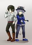  animal_ears belt black_hair blue_eyes boots casual cat_ears cat_tail catboy contemporary crossed_arms doumoto ears_through_headwear fashion full_body hat highres killian_phegor ledo_vassar male_focus multiple_boys pointy_ears pop-up_story scarf shinigami silver_hair tail yellow_eyes 