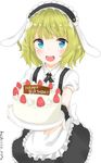  :d absurdres animal_ears apron bangs black_neckwear black_skirt blonde_hair blue_eyes blunt_bangs blush bolo_tie bunny_ears cake center_frills chocolate collared_shirt commentary_request cowboy_shot english eyebrows_visible_through_hair fake_animal_ears flat_chest fleur_de_lapin_uniform floppy_ears food frilled_apron frilled_cuffs frilled_shirt frilled_skirt frills fruit gochuumon_wa_usagi_desu_ka? happy_birthday hashiko_nowoto highres holding holding_plate kirima_sharo looking_at_viewer maid_headdress open_mouth plate puffy_short_sleeves puffy_sleeves shirt short_hair short_sleeves simple_background skirt smile solo standing strawberry twitter_username underbust waist_apron wavy_hair white_apron white_background white_shirt wing_collar wrist_cuffs 