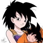  1girl armor baby black_eyes black_hair closed_eyes dragon_ball gine highres karoine mother_and_son saiyan smile son_gokuu 