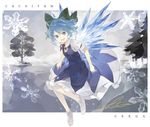  ahoge blue_dress blue_eyes blue_hair blue_wings cirno dress fairy grin hair_ribbon ice ice_wings looking_at_viewer ribbon shihou_(g-o-s) short_hair signature smile snowflakes solo touhou tree wings 