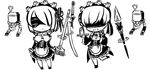 1girl alternate_costume blindfold chibi crossdressing drink enmaided frown greyscale invader leg_up maid monochrome mop nier_(series) nier_automata plate pod_(nier_automata) polearm smile spear sword weapon white_background yorha_no._2_type_b yorha_no._9_type_s 