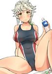  asymmetrical_hair blush bottle breasts brown_eyes competition_swimsuit highleg highleg_swimsuit highres jpeg_artifacts kantai_collection large_breasts long_hair one-piece_swimsuit silver_hair sitting solo soushou_nin spread_legs swimsuit unryuu_(kantai_collection) very_long_hair water_bottle wavy_hair white_background yellow_eyes 