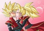  1girl beat_(dragon_ball) blonde_hair blush closed_eyes dragon_ball dragon_ball_heroes green_eyes hetero karoine kiss note_(dragon_ball) ponytail saiyan super_saiyan surprised tail 