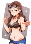  absurdres bikini bikini_top black-framed_eyewear black_bikini blush breasts brown_eyes brown_hair cleavage commentary eyewear_on_head groin highres idolmaster idolmaster_million_live! j.roswel kitazawa_shiho large_breasts long_hair looking_at_viewer navel open_mouth short_shorts shorts sketch solo star swimsuit v 