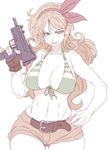  bare_shoulders belt belt_buckle bikini bikini_top blonde_hair bow breasts brown_gloves buckle collarbone cowboy_shot curly_hair dragon_ball dragon_ball_(classic) fingerless_gloves front-tie_bikini front-tie_top gloves green_eyes gun hair_bow hairband hand_on_hip hand_up highres holding holding_gun holding_weapon large_breasts long_hair looking_at_viewer lunch_(dragon_ball) mac-10 midriff navel red_bow ribbon short_shorts shorts simple_background smile smirk solo submachine_gun swimsuit tasaka_shinnosuke thigh_gap trigger_discipline weapon white_background 