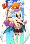  ahoge bare_shoulders black_skirt blue_hair brynhildr_(fate) cheer_for_master cheerleader closed_eyes cloud commentary_request confetti day fate/grand_order fate_(series) flag flagpole fujimaru_ritsuka_(female) holding holding_flag long_hair midriff multicolored_hair multiple_girls oiun orange_hair orange_scrunchie petals pleated_skirt red_flag scrunchie shirt side_ponytail silver_hair sitting_on_arm skirt sky sleeveless sleeveless_shirt smile t-shirt translated very_long_hair 