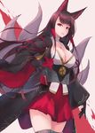  akagi_(azur_lane) animal_ears azur_lane bad_id bad_pixiv_id bangs black_gloves black_kimono blunt_bangs breasts brown_hair cleavage cleavage_cutout cowboy_shot foreshortening fox_ears fox_tail gloves grey_legwear highres holding japanese_clothes kimono kitsune kou_v05first large_breasts long_hair long_sleeves looking_at_viewer multiple_tails open_clothes open_kimono parted_lips partly_fingerless_gloves pink_background red_eyes red_skirt sash sidelocks simple_background skirt solo standing tail thighhighs underbust very_long_hair white_background wide_sleeves zettai_ryouiki 