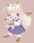  artist_request fox furry hugging long_hair one_eye_closed plush purple_eyes smile stuffed_animal white_hair 