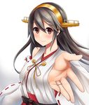  bare_shoulders black_hair brown_eyes detached_sleeves foreshortening hair_between_eyes hairband haregama_shiina haruna_(kantai_collection) headgear highres japanese_clothes jewelry kantai_collection long_hair nontraditional_miko remodel_(kantai_collection) ribbon-trimmed_sleeves ribbon_trim ring solo wedding_band wide_sleeves 