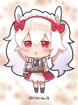  1girl :&lt; animal_ears azur_lane blue_neckwear blurry blurry_background blush bow bunny_ears chibi collared_shirt depth_of_field food frilled_skirt frills full_body gradient_hair grey_legwear grey_vest hair_bow highres holding holding_tray karinto_yamada kneehighs laffey_(azur_lane) long_hair maid_headdress multicolored_hair necktie parted_lips plate purple_hair red_bow red_eyes red_skirt shirt skirt sleeveless sleeveless_shirt solo standing tray triangle_mouth twintails twitter_username vest white_hair white_shirt 