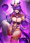 1girl alternate_costume alternate_hair_color alternate_hairstyle badcompzero boots breasts cleavage elbow_gloves eyepatch forehead_protector gloves league_of_legends lipstick long_hair magical_girl purple_eyes purple_hair skirt solo star star_guardian_syndra syndra 