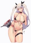  anchor ass_visible_through_thighs azur_lane bare_arms bare_shoulders bikini black_neckwear black_ribbon blush breasts brown_eyes choker cleavage collarbone contrapposto cropped_legs earrings eyebrows_visible_through_hair finger_to_mouth flag_print german_flag german_flag_bikini groin hair_between_eyes hair_ribbon head_tilt highres iron_cross jewelry large_breasts long_hair looking_at_viewer machinery micro_bikini multi-strapped_bikini multicolored_hair navel prinz_eugen_(azur_lane) red_hair ribbon side-tie_bikini silver_hair simple_background solo standing stomach streaked_hair swimsuit tachibana-san thigh_strap thighs tsurime turret two_side_up untied untied_bikini white_background 
