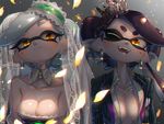  2girls ;d aori_(splatoon) bare_shoulders black_hair black_jacket breasts bridal_veil buttons chromatic_aberration cleavage closed_mouth collarbone collared_shirt commentary cousins crown detached_collar domino_mask dress dress_shirt earrings falling_petals fangs food food_on_head glint glowing_petals gradient gradient_background grey_background grey_hair highres hoop_earrings hotaru_(splatoon) incest jacket jewelry kashu_(hizake) lace long_hair looking_at_viewer mask medium_breasts mini_crown mole mole_under_eye monster_girl multiple_girls object_on_head one_eye_closed open_clothes open_jacket open_mouth open_shirt petals pointy_ears shade shiny shiny_hair shiny_skin shirt short_eyebrows short_hair smile splatoon_(series) strapless strapless_dress striped_jacket tentacle_hair upper_body veil white_shirt wife_and_wife yellow_eyes yuri 