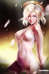  1girl areolae artist_name blonde_hair blue_eyes blush breasts high_ponytail highres lacanishu looking_at_viewer mechanical_halo medium_breasts mercy_(overwatch) navel nipples nude overwatch ponytail purple_eyes pussy solo uncensored watermark web_address 