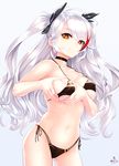  antenna_hair ass_visible_through_thighs azur_lane bikini black_bikini blush breasts choker closed_mouth collarbone covered_nipples eyebrows_visible_through_hair hair_ribbon heart heart-shaped_boob_challenge heart_hands highres infinote large_breasts long_hair looking_at_viewer mole mole_on_breast multicolored_hair navel orange_eyes prinz_eugen_(azur_lane) ribbon side-tie_bikini silver_hair simple_background smile solo swimsuit two_side_up very_long_hair white_background 