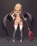  absurdres ass_visible_through_thighs bat_wings belt blonde_hair breasts bustier demon_girl demon_tail elbow_gloves full_body gloves grey_background hand_on_hip highres holding long_hair low_wings lowleg lowleg_panties maid_headdress navel original panties pointy_ears polearm purple_eyes shoes simple_background small_breasts smile solo sseli standing succubus tail thighhighs toned trident underwear underwear_only weapon white_legwear white_panties wings 