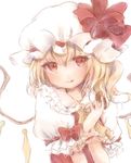  bangs bebitera blonde_hair closed_mouth commentary_request cookie flandre_scarlet food hat hat_ribbon holding licking_lips light_smile long_hair looking_at_viewer mob_cap red_eyes red_ribbon ribbon solo tongue tongue_out touhou upper_body white_hat wings wrist_cuffs 
