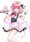  :d aaeru alternate_costume apron astolfo_(fate) black_skirt blush bow bowtie braid center_frills commentary_request cowboy_shot cup enmaided fang fate/apocrypha fate_(series) frilled_apron frilled_sleeves frills garter_straps hair_intakes hands_up high-waist_skirt highres long_hair looking_at_viewer maid maid_headdress male_focus open_mouth otoko_no_ko pink_hair puffy_short_sleeves puffy_sleeves purple_eyes red_bow red_neckwear shirt short_sleeves simple_background single_braid skirt smile standing teacup teapot thighhighs very_long_hair w w_arms waist_apron white_apron white_background white_legwear white_shirt wrist_cuffs zettai_ryouiki 