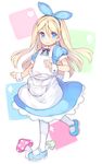  alice_(wonderland) alice_in_wonderland apron bangs blonde_hair blue_bow blue_dress blue_eyes blue_footwear bow c: closed_mouth commentary_request dress eyebrows_visible_through_hair full_body hair_between_eyes hair_bow heart kurasuke long_hair looking_at_viewer mary_janes mushroom original puffy_short_sleeves puffy_sleeves shoes short_sleeves smile solo standing walking 