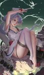  ahoge arm_up ass azur_lane bandaid bandaid_on_nose barefoot downes_(azur_lane) feet gradient_sky gun hair_ornament hairclip highres itoucon looking_at_viewer nail_polish outdoors pink_eyes pink_nails ponytail silver_hair single_thighhigh sitting sky solo thighhighs tongue tongue_out turret water weapon white_legwear 