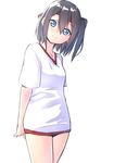  arms_behind_back black_hair blue_eyes blush closed_mouth commentary cowboy_shot eyebrows_visible_through_hair gym_shirt gym_shorts hair_between_eyes head_tilt headband legs_together one_side_up original shirt short_hair short_sleeves shorts simple_background smile solo standing suzunari_shizuku white_background white_shirt yuki_arare 