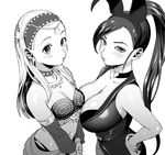  animal_ears arabian_clothes blush breasts bunny_ears bunny_girl bunnysuit choker cleavage collarbone dragon_quest dragon_quest_xi eyelashes greyscale hair_pulled_back hairband hand_on_hip large_breasts long_hair martina_(dq11) medium_breasts monochrome multiple_girls ouse_(otussger) ponytail senya_(dq11) simple_background white_background 