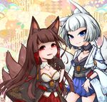  :d akagi_(azur_lane) animal_ears azur_lane black_hair blue_eyes breasts cleavage commentary_request eyeshadow fox_ears fox_tail hiwana_(nagare_hibana) kaga_(azur_lane) long_hair looking_at_viewer makeup medium_breasts multiple_girls multiple_tails open_mouth pleated_skirt red_eyes short_hair skirt small_breasts smile tail white_hair 