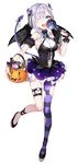  asymmetrical_clothes blue_eyes bow bowtie candy corset demon_tail demon_wings detached_sleeves eyes_visible_through_hair food frills full_body hair_over_one_eye halloween halloween_basket heart highres horn_ribbon horns jishou_f-rank_no_oniisama_ga_game_de_hyouka_sareru_gakuen_no_chouten_ni_kunrin_suru_sou_desu_yo? lace leg_up lollipop long_legs nail_art nail_polish nekometaru o-ring official_art pantyhose petticoat pinky_out pinstripe_pattern puffy_detached_sleeves puffy_short_sleeves puffy_sleeves purple_nails ribbon saijou_karen short_hair short_sleeves silver_hair simple_background skindentation skirt sleeveless solo standing standing_on_one_leg striped striped_legwear swirl_lollipop tail thigh_strap tongue tongue_out torn_clothes torn_legwear vertical-striped_skirt vertical_stripes white_background wings wrist_cuffs wristband 