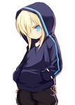  black_pants blonde_hair blue_eyes blue_hoodie closed_mouth cowboy_shot eyebrows_visible_through_hair hair_over_one_eye hands_in_pockets hood hood_up hoodie kurasuke long_hair long_sleeves looking_at_viewer original pants sidelocks simple_background sketch solo white_background 