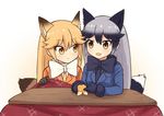  :d :t animal_ears black_gloves black_hair black_neckwear blonde_hair blue_jacket blush bow bowtie breast_pocket brown_eyes commentary_request extra_ears eyebrows_visible_through_hair ezo_red_fox_(kemono_friends) food fox_ears fox_tail fruit fur_trim gloves hair_between_eyes holding holding_food jacket kemono_friends kotatsu long_hair long_sleeves looking_at_another mandarin_orange meis_(terameisu) multicolored_hair multiple_girls open_mouth orange_jacket peeling pocket side-by-side silver_fox_(kemono_friends) silver_hair simple_background sitting smile table tail white_background white_neckwear yellow_eyes yellow_neckwear 