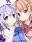  &gt;:) :o bangs blue_eyes blue_neckwear blush breasts buttons chestnut_mouth closed_mouth collared_shirt commentary_request eyebrows_visible_through_hair flat_chest gochuumon_wa_usagi_desu_ka? hair_between_eyes hair_ornament hairclip hoto_cocoa kafuu_chino lavender_hair long_hair long_sleeves looking_at_viewer multiple_girls open_mouth orange_hair out_of_frame purple_eyes purple_neckwear purple_vest rabbit_house_uniform red_neckwear sakurachoco shirt sidelocks small_breasts smile star tedeza_rize upper_body v v-shaped_eyebrows vest white_background white_shirt wing_collar x_hair_ornament 