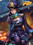  alternate_costume black_hair blood blush_stickers chinese_clothes fangs finger_to_mouth glasses jack-o'-lantern jiangshi jiangshi_mei liang_xing looking_at_viewer low_twintails mei_(overwatch) ofuda overwatch pantyhose parted_lips pumpkin sitting solo twintails 