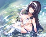  aningay bangs bare_shoulders bikini black_hair breasts butt_crack cleavage day flower full_body girls_frontline gloves hair_flower hair_ornament hairband halter_top halterneck large_breasts long_hair looking_at_viewer navel outdoors partially_submerged qbz-95_(girls_frontline) side-tie_bikini sitting solo swimsuit thighhighs very_long_hair white_bikini white_flower white_gloves white_hairband white_legwear 