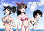  ;d beach bikini black_eyes black_hair blue_bikini blue_sky breasts cloud day dragon_ball dragon_ball_heroes earrings eyewear_on_head forte_(dragon_ball) highres index_finger_raised jewelry karoine medium_breasts multiple_girls navel note_(dragon_ball) o-ring o-ring_bikini one_eye_closed open_mouth outdoors ponytail saiyan sky small_breasts smile striped striped_bikini sunglasses swimsuit tail viola_(dragon_ball) water 