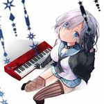  asymmetrical_legwear black_gloves black_jacket blue_eyes breasts closed_mouth collar commentary_request fishnet_legwear fishnets from_above garter_straps gloves hair_over_one_eye hamakaze_(kantai_collection) instrument jacket kantai_collection keyboard_(instrument) long_sleeves looking_at_viewer looking_up md5_mismatch medium_breasts natsuki_(ukiwakudasai) neckerchief open_clothes open_jacket school_uniform serafuku short_hair silver_hair sitting smile solo striped striped_legwear studded_collar thighhighs vertical-striped_legwear vertical_stripes 