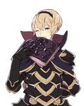  ai-wa armor blonde_hair blush book brynhildr_(tome) capelet fire_emblem fire_emblem_if gloves hairband leon_(fire_emblem_if) male_focus open_mouth solo upper_body yawning yellow_eyes 