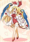  1girl bare_shoulders bat_wings bird blonde_hair blush bow detached_sleeves disgaea fang flonne flonne_(fallen_angel) full_body hair_bow high_heels long_hair looking_at_viewer open_mouth pointy_ears red_bow red_eyes red_shoes tail tail_bow 
