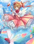  antenna_hair brown_hair card cardcaptor_sakura clow_card feet_out_of_frame fuuin_no_tsue glove_bow gloves green_eyes hat highres kicori kinomoto_sakura looking_at_viewer magical_girl open_mouth pantyhose pink_hat short_hair wand white_gloves wings 