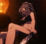  1girl blood bra celenike_icecolle_yggdmillennia fate/apocrypha fate_(series) female from_below grey_hair knife navel panties ponytail screencap sitting solo stitched weapon 