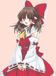  :d ascot bare_shoulders blush bow brown_hair commentary_request detached_sleeves hair_bow hair_tubes hakurei_reimu large_bow long_hair looking_at_viewer muzuki_uruu open_mouth red_eyes sarashi smile solo touhou v_arms wide_sleeves yellow_neckwear 