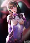 1girl adapted_costume areolae arm_behind_back artist_name bangs bodysuit breast_cutout breasts brown_eyes brown_hair collar cowboy_shot crotch_cutout d.va_(overwatch) facial_mark headphones highres image_sample lacanishu lipgloss lips long_hair mecha medium_breasts meka_(overwatch) nipples overwatch parted_lips pilot_suit pubic_hair pussy realistic skin_tight smile solo swept_bangs web_address 