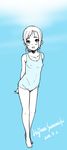  :d arms_behind_back barefoot blue blush bottomless breasts covered_nipples dated full_body looking_at_viewer monochrome open_mouth sanemichi_hajime short_hair signature small_breasts smile solo standing tank_top 