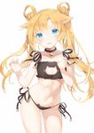  abukuma_(kantai_collection) animal_ears bangs bare_arms bare_shoulders bell bell_choker black_bra black_neckwear black_panties black_ribbon blonde_hair blue_eyes blush bra breasts cat_cutout cat_ear_panties cat_ears cat_lingerie choker cleavage cleavage_cutout collar collarbone commentary_request cowboy_shot double_bun ears_down eyebrows_visible_through_hair flat_chest frilled_bra frills hair_rings head_tilt highres jingle_bell kantai_collection kemonomimi_mode long_hair looking_at_viewer mao_ge meme_attire navel open_mouth panties raised_eyebrows ribbon side-tie_panties simple_background small_breasts solo standing stomach sweat tareme twintails underwear underwear_only wavy_mouth white_background 