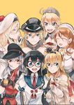  :d ^_^ ^o^ belt beret bismarck_(kantai_collection) black-framed_eyewear black_hair blonde_hair blue_eyes blue_sailor_collar blue_shirt braid brown_gloves brown_hair closed_eyes crown dress earmuffs food french_braid gangut_(kantai_collection) glasses gloves hair_between_eyes hat iowa_(kantai_collection) itomugi-kun jacket jewelry kantai_collection littorio_(kantai_collection) long_hair mini_crown mouth_hold multicolored multicolored_clothes multicolored_gloves multiple_girls necklace necktie off-shoulder_dress off_shoulder ooyodo_(kantai_collection) open_mouth orange_eyes pasta peaked_cap pom_pom_(clothes) red_neckwear red_shirt remodel_(kantai_collection) richelieu_(kantai_collection) sailor_collar scar school_uniform serafuku shirt silver_hair simple_background smile spoon star star-shaped_pupils symbol-shaped_pupils warspite_(kantai_collection) white_dress white_jacket yellow_background 