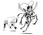  &gt;_&lt; 2boys :d antennae bald belt boots breasts cape chasing commentary cyborg extra_eyes fewer_digits flying flying_sweatdrops genos gloves greyscale horn insect_girl insect_wings insecticide medium_breasts monochrome monster_girl mosquito_coil mosquito_girl mosquito_musume multiple_boys murata_yuusuke one-punch_man open_mouth pants running saitama_(one-punch_man) shirt shoes simple_background smile superhero white_background wings 