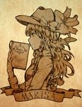  alternate_costume bangs book bow braid character_name closed_mouth cowboy_hat flower from_side hat hat_bow holding holding_book jacket kirisame_marisa long_hair long_sleeves monochrome norizc profile rose sepia smile solo touhou 