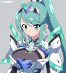  1girl aqua_eyes aqua_hair bodysuit breasts cleavage closed_mouth dated earrings enotou_(enotou_moi) eyebrows_visible_through_hair grey_background hairband impossible_clothes jewelry large_breasts looking_at_viewer nintendo pneuma_(xenoblade_2) ponytail sidelocks simple_background smile solo upper_body xenoblade_(series) xenoblade_2 
