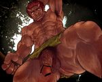  1boy abs body_hair demon fangs funa_(artist) horns male_focus muscle original outdoors penis red_hair solo testicles 