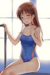  :d backlighting bangs bare_arms bare_legs bare_shoulders blue_swimsuit blush breasts brown_eyes brown_hair collarbone commentary_request competition_swimsuit eyebrows_visible_through_hair hand_on_own_chest hands_up idolmaster idolmaster_cinderella_girls indoors long_hair looking_at_viewer medium_breasts nitta_minami on_floor one-piece_swimsuit open_mouth pool_ladder poolside sekiya_asami shiny shiny_skin sitting smile solo strap_slip swimsuit tareme thighs tile_floor tiles water_drop wet 