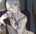  blush breasts can collarbone cushion hair_between_eyes holding holding_can kantai_collection long_hair looking_at_viewer medium_breasts midriff outstretched_arm sailor_collar school_uniform see-through serafuku shinkaisei-kan silver_hair sitting soda_can solo ta-class_battleship upper_body walzrj wet wet_clothes yellow_eyes 